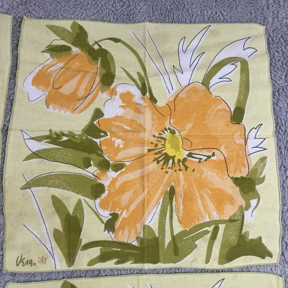 VERA Neumann Vintage MCM Orange Poppy Flower Yellow Napkins 15X15” Set of 8